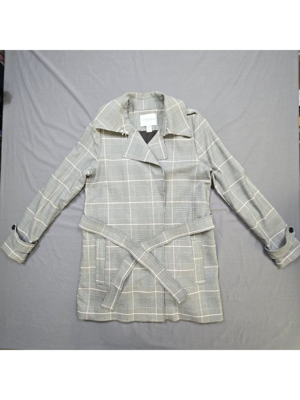 Carolina Belle Medium Plaid Belted Trench Coat Gray Black Lightweight
